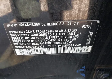 2015 Volkswagen Jetta 1.8T Se z USA, uszkodzony, nr VIN 3VWD17AJ9FM319821